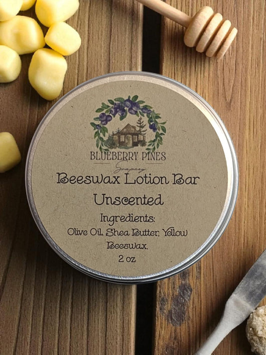 Beeswax lotion bar container with label on a wooden surface